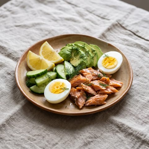 Hot-Smoked Salmon, Avocado & Egg Plate - Flaked hot-smoked salmon with fully-boiled eggs, avocado and lemon