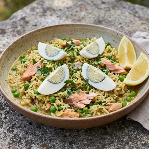 Hot-Smoked Trout Kedgeree-Style Rice - A gently curried rice with flaked hot-smoked trout, peas and boiled eggs
