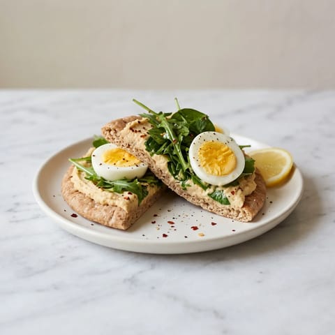 Hummus, Egg & Greens Flatbread - Warm flatbread swiped with hummus, topped with firm boiled eggs and dressed greens