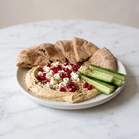 Hummus, Feta & Pomegranate Snack Plate - A swooshed plate of hummus under feta, pomegranate and warm pita