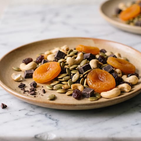Iron-Rich Trail Mix with Dried Apricots & Pumpkin Seeds - Dried apricots, pumpkin seeds, cashews and dark chocolate in deliberate proportions