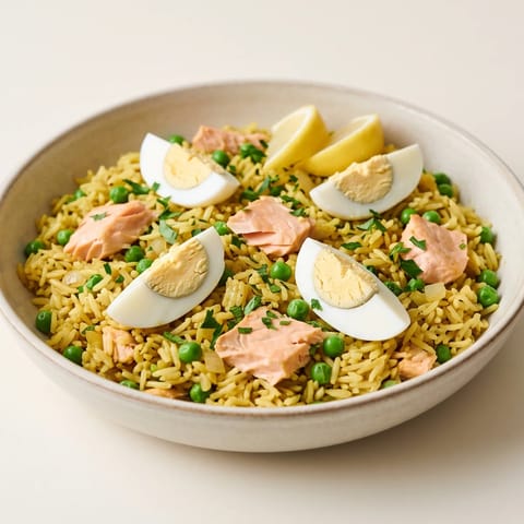 Kedgeree-Style Salmon & Egg Rice - Gently curried rice with roast salmon, peas and boiled eggs
