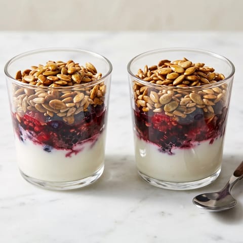 Kefir, Berry & Toasted Seed Glasses - Layers of tangy kefir, mashed berries and crunchy toasted seeds