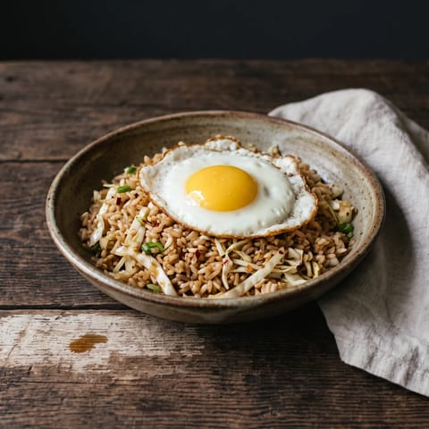 Kimchi-Style Fried Rice Bowls with Fried Egg - Tangy quick-cabbage fried rice under a crispy fried egg