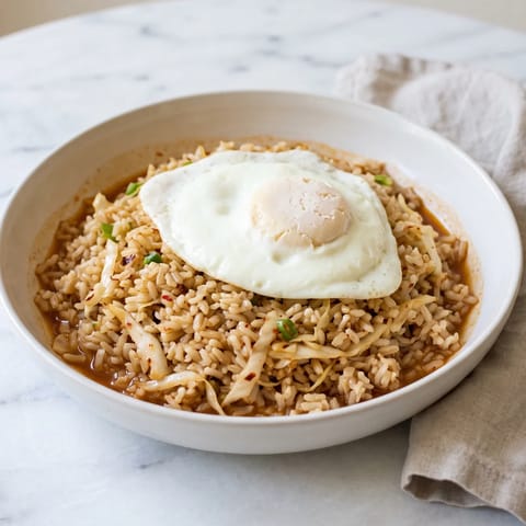 Kimchi-Style Fried Rice with Egg - Day-old rice fried with cabbage kimchi flavors and topped with a fully-set fried egg. Weeknight rescue food.