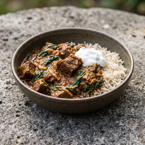 Lamb & Spinach Curry with Basmati - Slow-simmered lamb in a spiced tomato gravy with spinach folded through