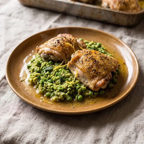Lemon & Herb Roast Chicken Thighs with Smashed Peas - Crisp roasted chicken thighs over minted smashed peas with lemony pan juices