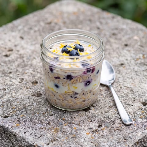 Lemon Blueberry Overnight Oat Jars - Bright lemon-zested overnight oats layered with smashed blueberries and yogurt