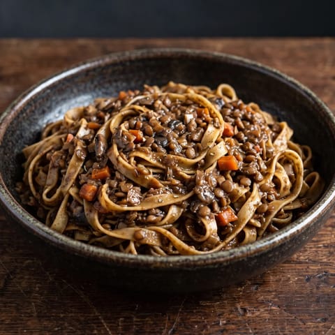 Lentil & Mushroom Ragu with Tagliatelle - A deep, slow-simmered lentil and mushroom ragu that eats like the meat version
