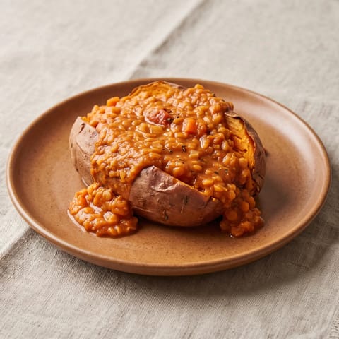 Lentil Bolognese-Loaded Sweet Potatoes - Baked sweet potatoes split over a rich lentil ragu