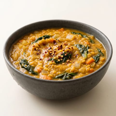 Lentil, Spinach & Lemon Soup - A bright red-lentil soup finished with lemon and a tangle of spinach