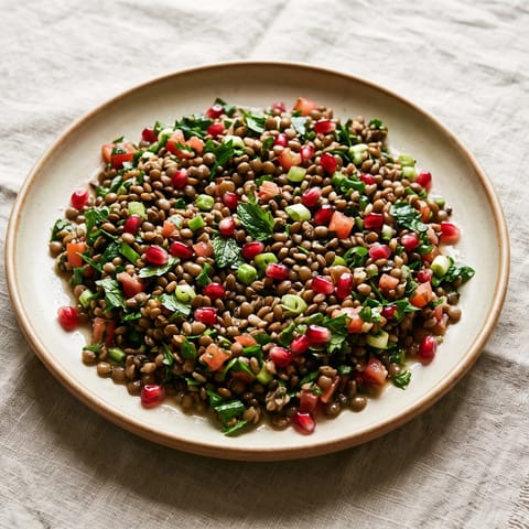 Lentil Tabbouleh with Pomegranate - A parsley-heavy tabbouleh where lentils join the bulgur, with pomegranate seeds for sparkle