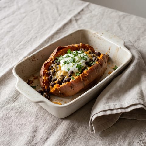 Loaded Baked Sweet Potatoes with Black Beans & Lime Yogurt - Caramel-soft baked sweet potatoes split over spiced black beans with lime yogurt and cilantro