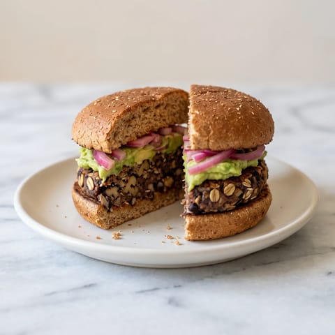 Loaded Black Bean Burgers with Avocado Smash - Smoky black bean and walnut burgers that hold together, stacked with avocado smash and quick-pickled onions