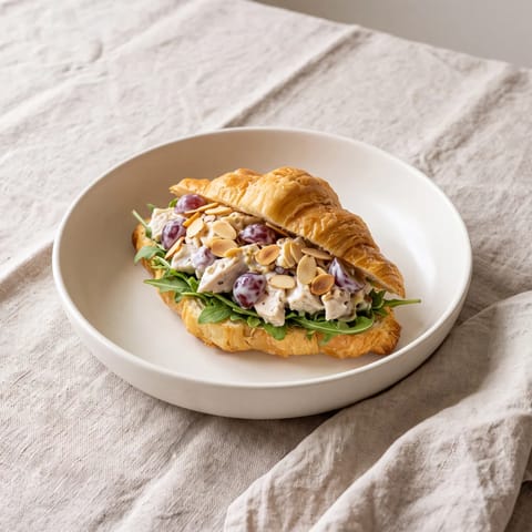 Loaded Greek Yogurt Chicken Salad Croissants - Poached chicken folded with yogurt, grapes and toasted almonds into warm croissants