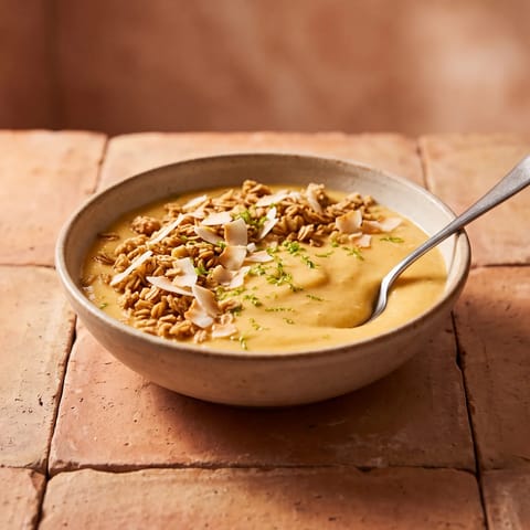 Mango Lassi Breakfast Bowl - A thick mango lassi poured into bowls under granola, coconut and lime