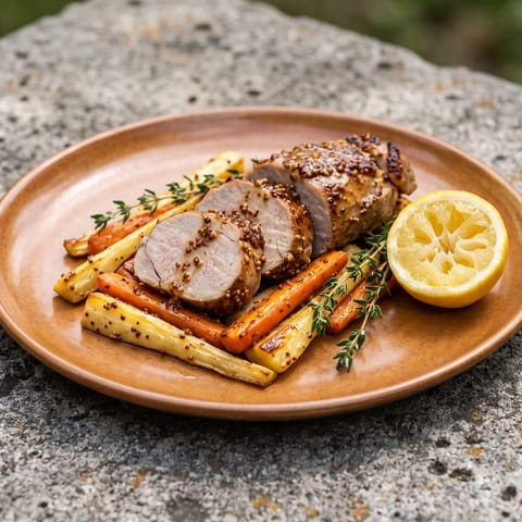 Maple-Mustard Pork Tenderloin with Roasted Roots - Roasted pork tenderloin glazed in maple-mustard over caramelized carrots and parsnips