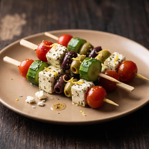 Marinated Feta & Olive Skewers - Little skewers of lemon-herb marinated feta (ten minutes, or overnight gladly), olives, cucumber and tomato