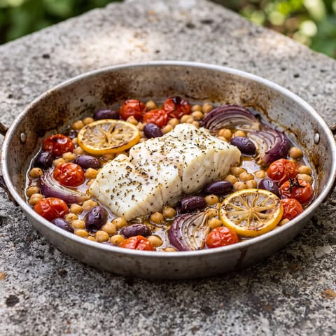 Mediterranean Baked Cod with Olives & Chickpeas - A one-pan Mediterranean meal
