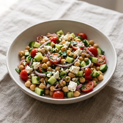 Mediterranean Chickpea & Feta Salad - Chickpeas, cucumber, tomatoes and feta in a lemon-oregano dressing