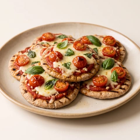 Mini Caprese Pita Pizzas - Pita rounds baked with tomato, mozzarella and basil