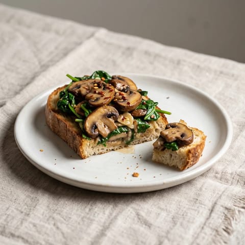 Miso Butter Mushrooms on Toast with Spinach - Deeply savory miso-butter mushrooms piled with wilted spinach on thick toast