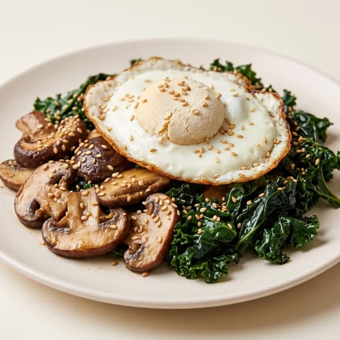 Miso Butter Mushrooms with Fried Egg & Greens - Savory miso-butter mushrooms with wilted greens and a crisp-edged fried egg