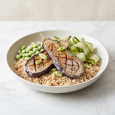 Miso-Glazed Eggplant with Sesame Rice & Edamame - Lacquered miso eggplant over sesame rice with edamame and quick pickles
