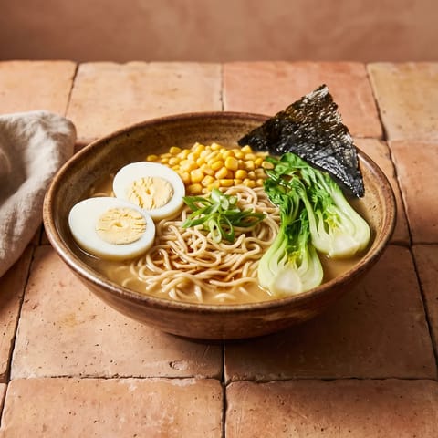 Miso Ramen-Style Noodle Bowls with Fully-Set Eggs - A quick miso broth over ramen noodles with corn, greens, nori and fully-cooked halved eggs