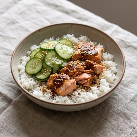 Miso Salmon Rice Bowl with Quick-Pickled Cucumber - Miso-glazed salmon over rice with sesame cucumber