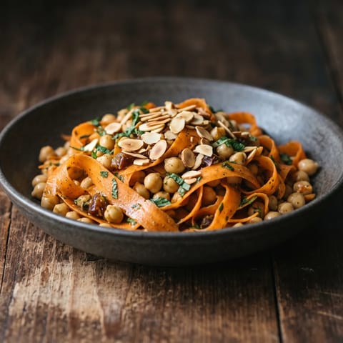Moroccan-Spiced Carrot & Chickpea Salad - Ribboned carrots and chickpeas in a cumin-orange dressing with dates and almonds