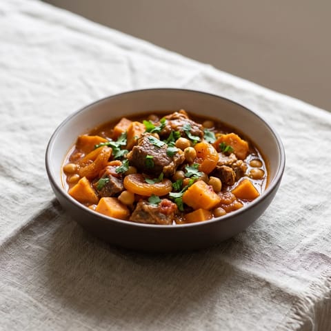 Moroccan-Spiced Lamb & Sweet Potato Stew - Slow-simmered lamb with sweet potato, apricots and warm spices
