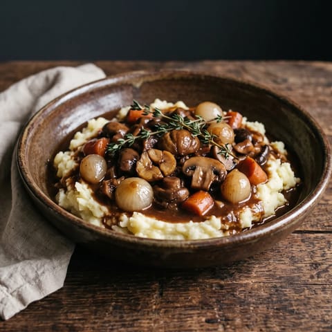 Mushroom & Chestnut Bourguignon-Style Stew - Deep, glossy mushroom stew with chestnuts, pearl onions and thyme over mashed potatoes