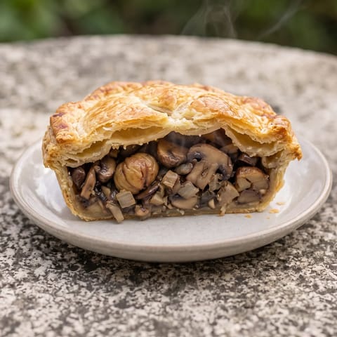 Mushroom & Chestnut Wellington-Free Puff Pie - A deep mushroom, chestnut and thyme filling under all-butter puff