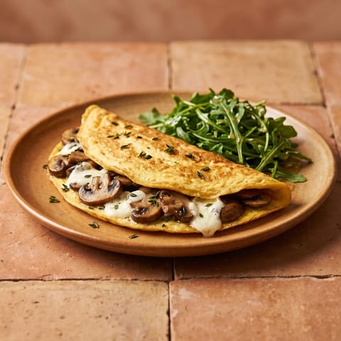 Mushroom & Goat Cheese Omelet - A classic folded omelet with golden mushrooms, thyme and soft goat cheese
