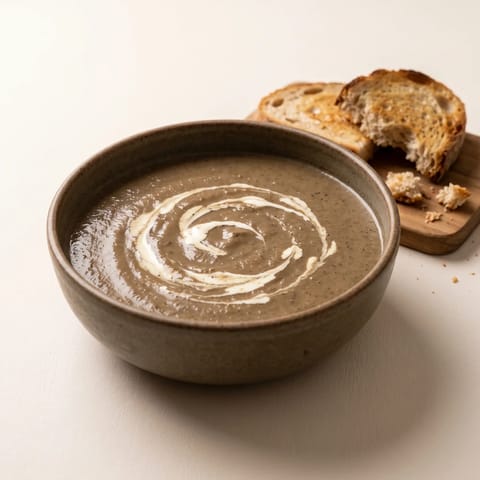 Mushroom & Thyme Soup with Cream & Sourdough - A deeply savory blended mushroom soup with thyme and a swirl of cream