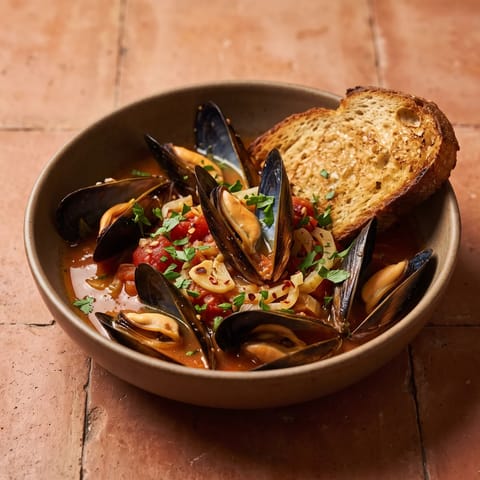 Mussels in Tomato & Fennel Broth - A big pot of mussels steamed in a garlicky tomato-fennel broth