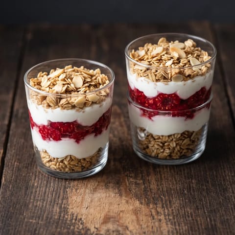 No-Bake Oat & Raspberry Crumble Cups - Layered cups of toasted oat-almond crumble, yogurt and smashed raspberries