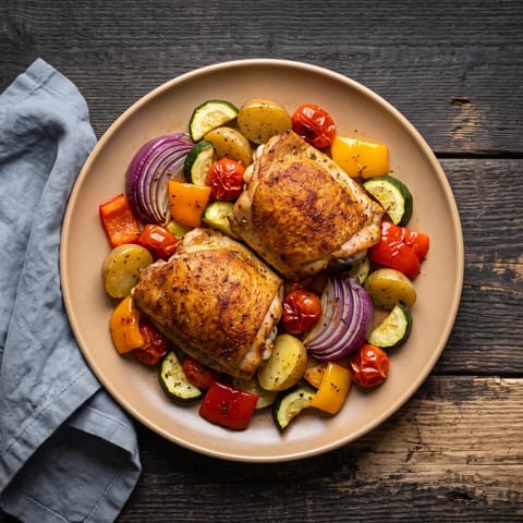 One-Pan Chicken & Rainbow Vegetables - Chicken thighs roasted over five colors of vegetables