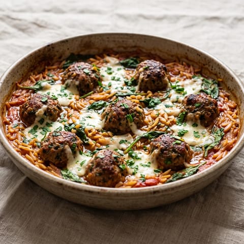 One-Pan Herby Meatball & Orzo Bake - Herbed beef meatballs baked into tomatoey orzo with spinach and mozzarella