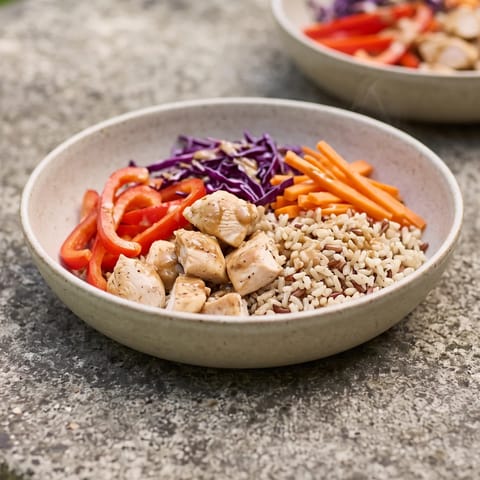 Peanut & Lime Chicken Rice Boxes - Meal-prep boxes of lime chicken, brown rice and crunchy veg with a peanut sauce that stays good all week