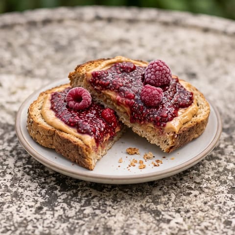Peanut Butter & Raspberry Chia Jam Toast - Thick toast with peanut butter and a quick raspberry chia jam