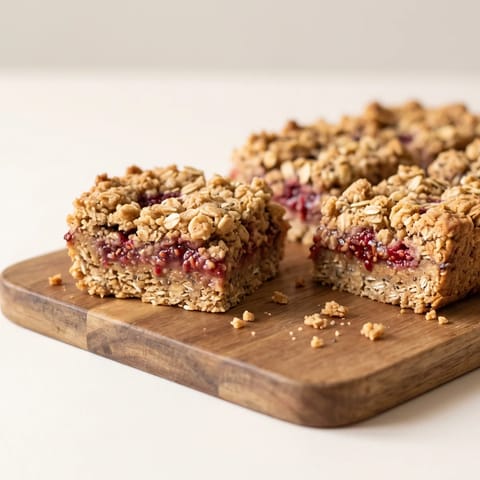 Peanut Butter & Raspberry Oat Squares - Baked oat squares with a peanut butter crumb and jammy raspberry middle