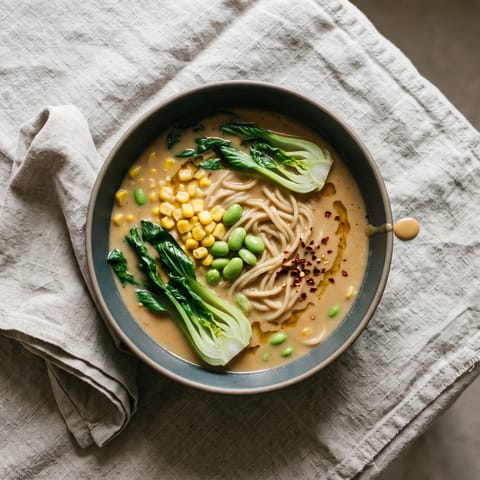 Peanut Butter Ramen-Style Noodle Soup - A creamy peanut-miso broth over noodles, greens and corn