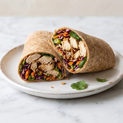 Peanut Chicken & Slaw Wraps - Shredded chicken and rainbow slaw in a peanut-lime dressing, rolled into wraps
