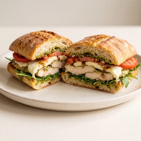 Pesto Chicken, Mozzarella & Tomato Ciabatta - Hot pesto chicken with melting mozzarella and tomatoes in crusted ciabatta