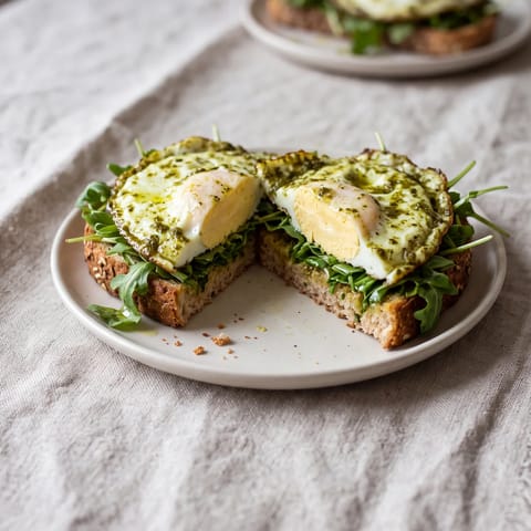 Pesto Eggs with Arugula on Toast - Eggs fried straight in a spoonful of pesto until set and crisp-edged, piled on toast with peppery arugula