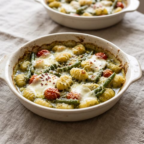 Pesto Gnocchi Bake with Mozzarella & Green Beans - Gnocchi, green beans and cherry tomatoes baked in pesto cream under molten mozzarella