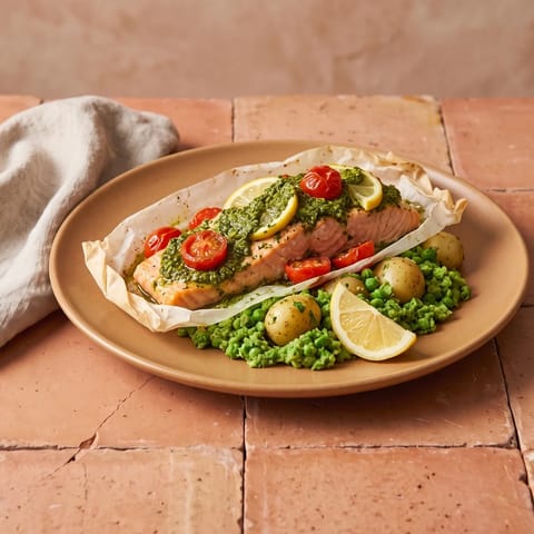 Pesto Salmon Parcels with Crushed Peas & Potatoes - Salmon baked in parchment with pesto, lemon and tomatoes over minted crushed peas and potatoes
