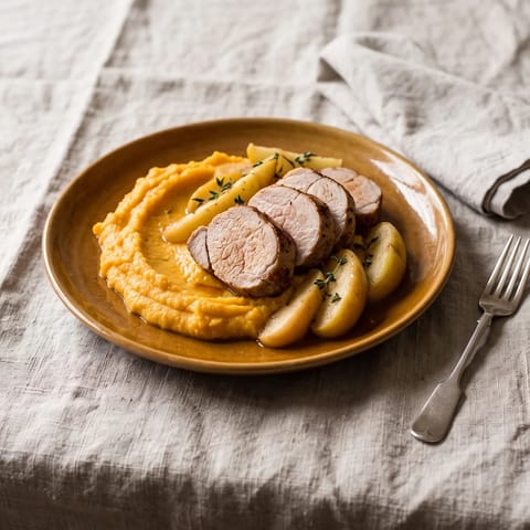 Pork Tenderloin with Apples & Mashed Root Veg - Roasted pork tenderloin with skillet apples over carrot and parsnip mash